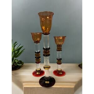 Set Of 3 Signed Czech Glass Z Fusion Art‎ Glass Candlesticks Hand Blown Helix